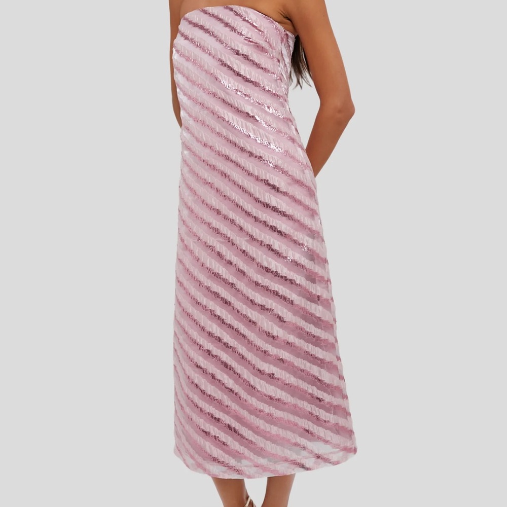 Brand New Tuckernuck Soft Pink Shimmer Stripes Mila Strapless Midi Dress